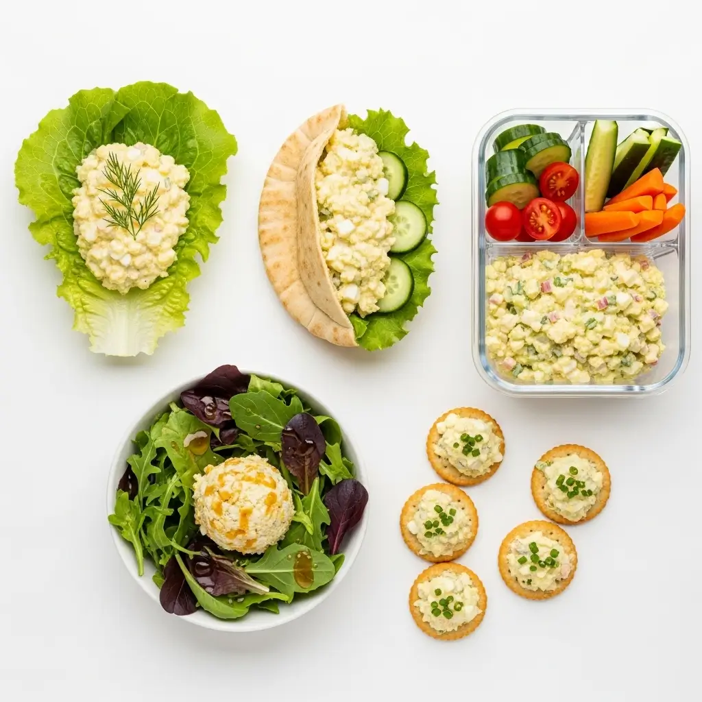 Four meal prep containers filled with high-protein egg salad portions with whole grain crackers and vegetable sticks