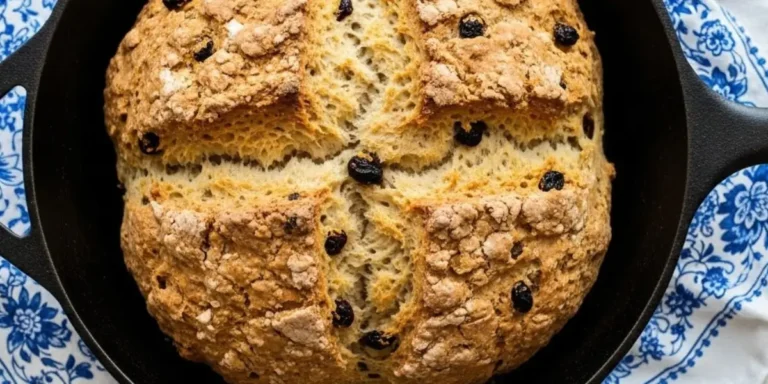 Freshly baked rustic loaf from an Irish soda bread recipe inside a black cast iron skillet.