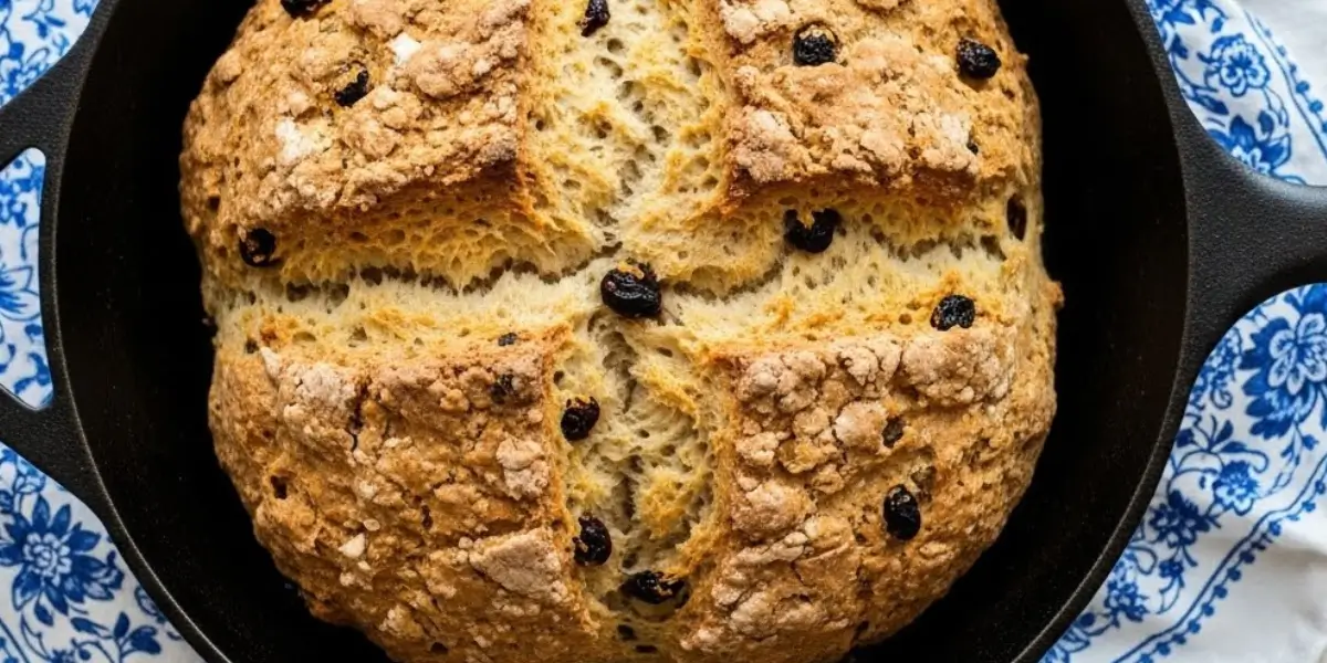 Freshly baked rustic loaf from an Irish soda bread recipe inside a black cast iron skillet.