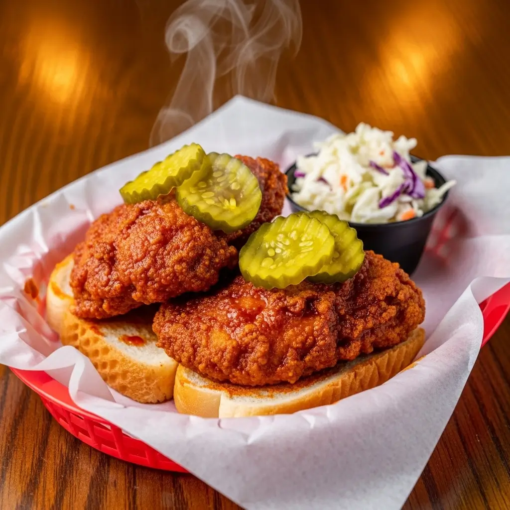 Nashville hot chicken recipe serving with crispy spicy chicken on white bread, pickle chips, coleslaw and sides in basket