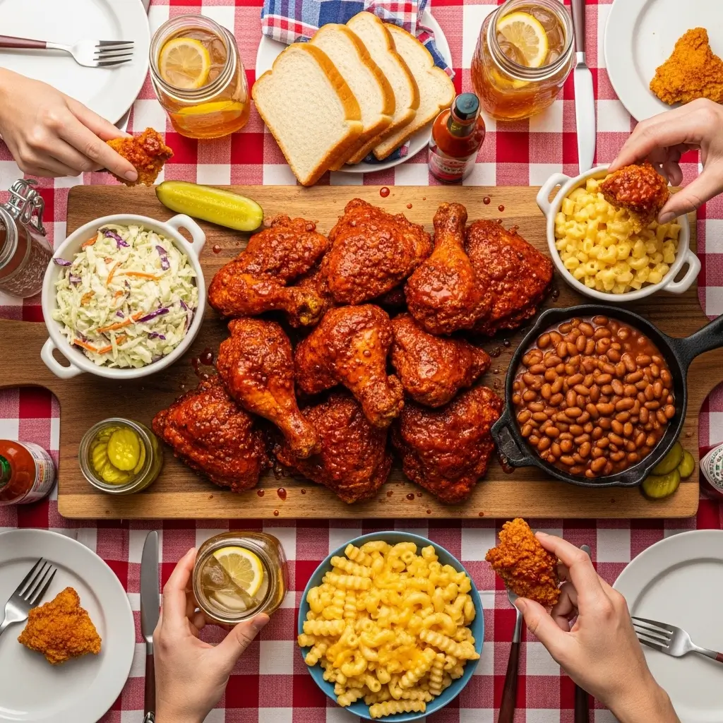 Nashville hot chicken recipe serving with crispy spicy chicken on white bread, pickle chips, coleslaw and sides in basket
