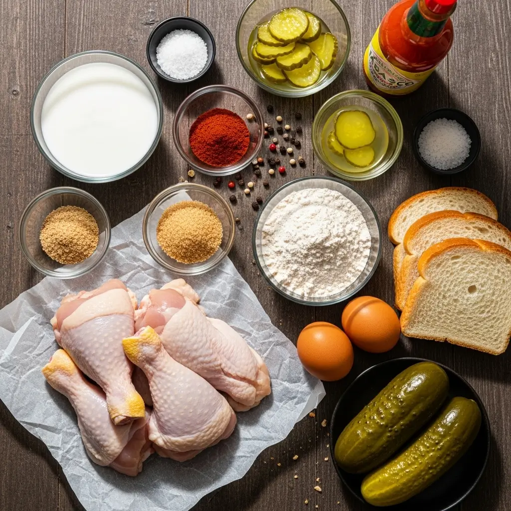 Nashville hot chicken recipe ingredients including raw chicken, buttermilk, cayenne pepper, flour, spices, and pickles
