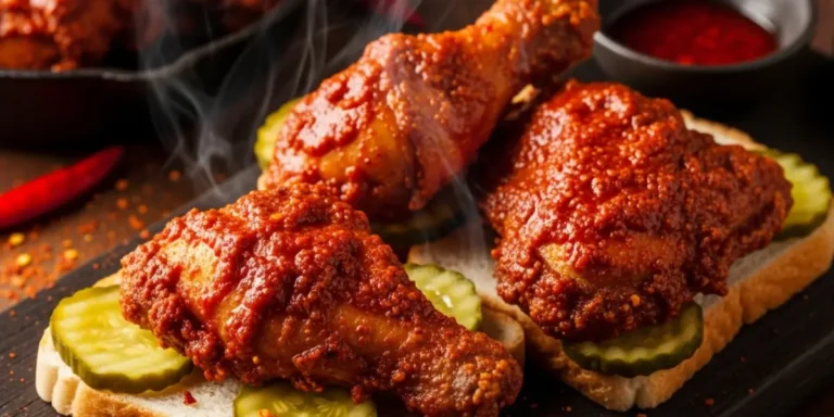 Crispy Nashville hot chicken recipe coated in fiery red cayenne oil paste served on white bread with pickles - authentic recipe