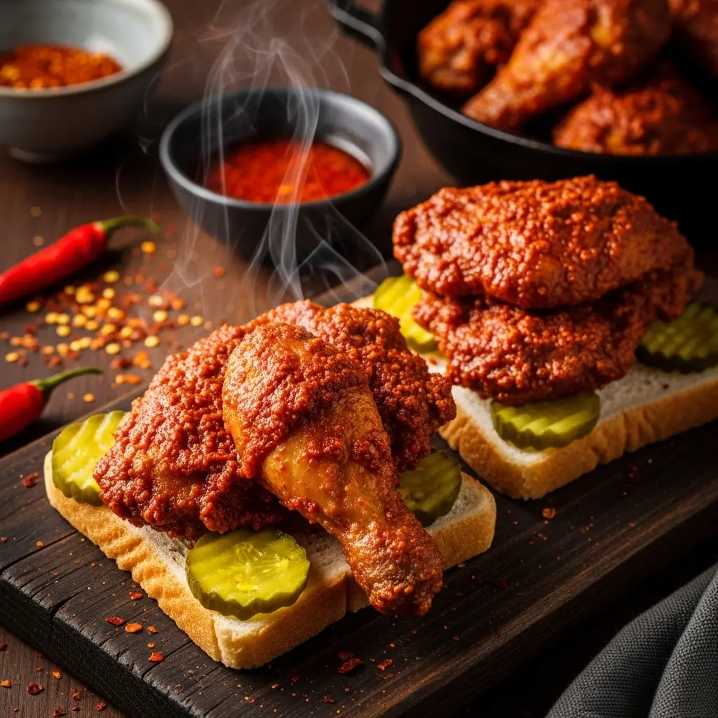 Nashville hot chicken recipe serving with crispy spicy chicken on white bread, pickle chips, coleslaw and sides in basket