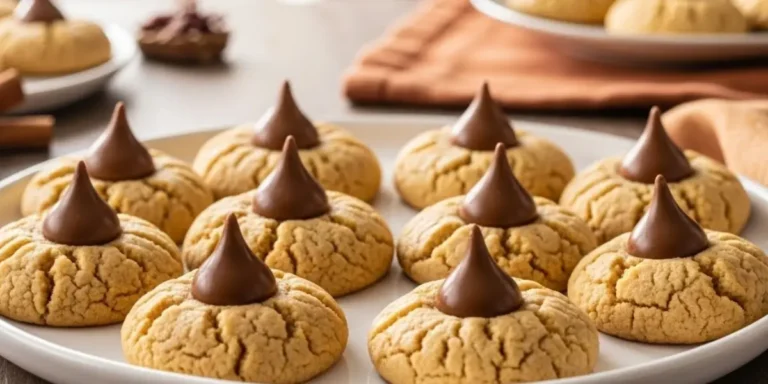 Freshly baked peanut butter blossoms with chocolate Hershey's Kisses on top arranged on a white ceramic plate with warm holiday lighting