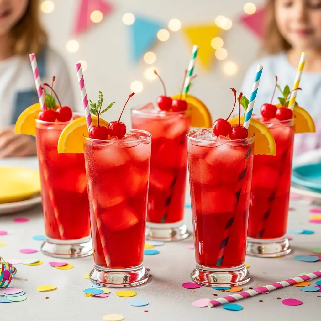 Multiple Shirley Temple drinks served at party with festive decorations