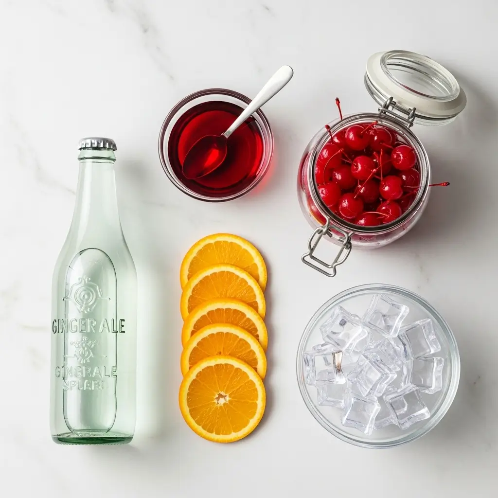 Shirley Temple drink ingredients including ginger ale grenadine cherries and orange