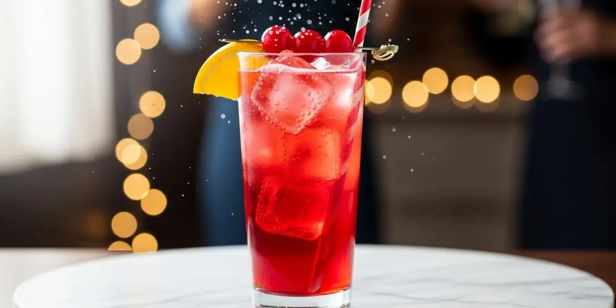 Refreshing Shirley Temple drink in tall glass with cherry and orange garnish