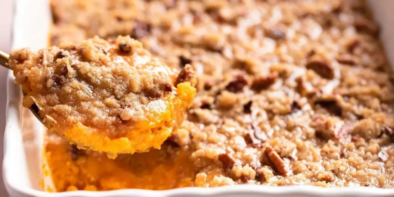 Sweet potato casserole serving on a white plate topped with golden-brown marshmallows, ready to eat.