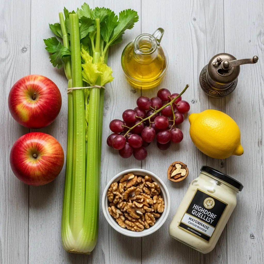Fresh ingredients for Waldorf salad recipe: red apples, celery, red grapes, walnuts, lemon, and mayonnaise.