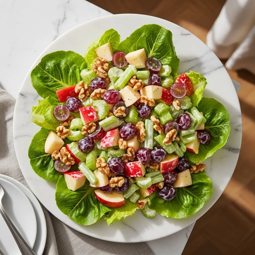 Serving Waldorf salad recipe at a sunny garden brunch table.