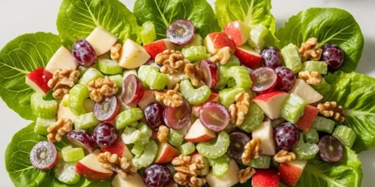 Classic Waldorf salad recipe with apples, celery, walnuts, and red grapes on a marble platter.