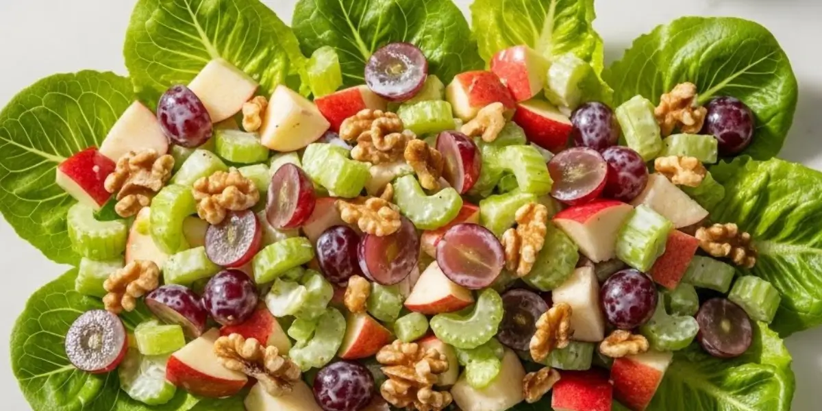Classic Waldorf salad recipe with apples, celery, walnuts, and red grapes on a marble platter.