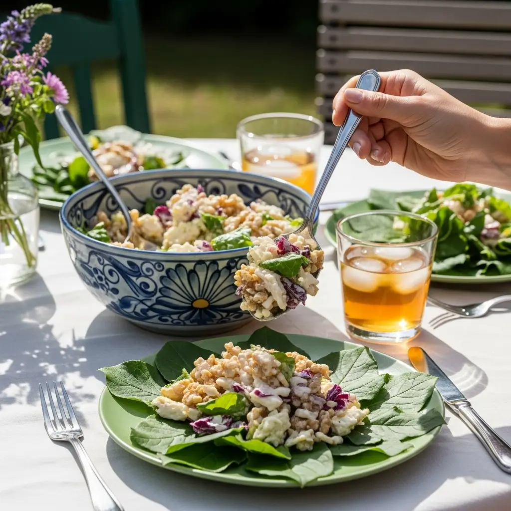 Serving Waldorf salad recipe at a sunny garden brunch table.