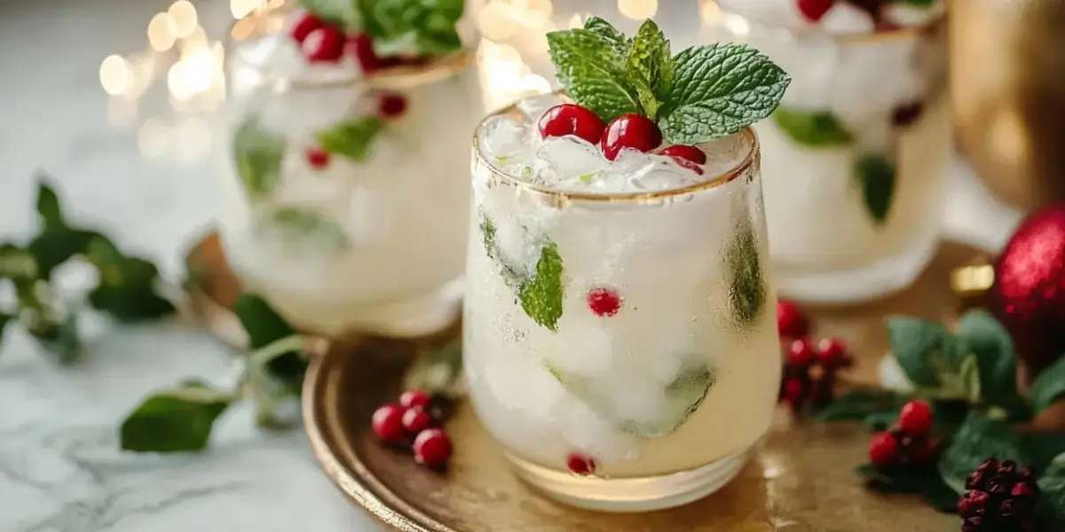 White Christmas mojitos cocktail with cinnamon stick garnish and fresh mint leaves in a holiday setting with Christmas lights and decorations