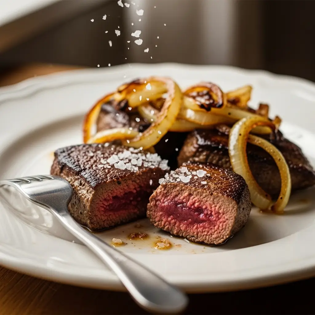 perfectly seared beef liver recipes with caramelized onions on a rustic wooden table, garnished with fresh thyme