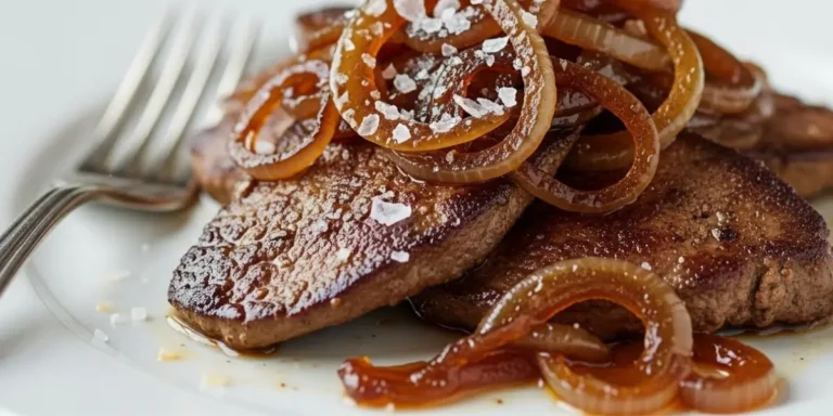 perfectly seared beef liver recipes with caramelized onions on a rustic wooden table, garnished with fresh thyme