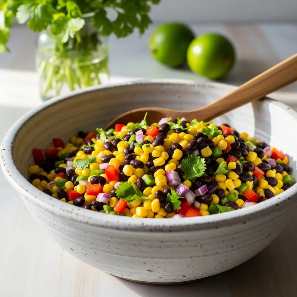 Close-up of a spoon serving fresh corn and black bean salad, showing texture