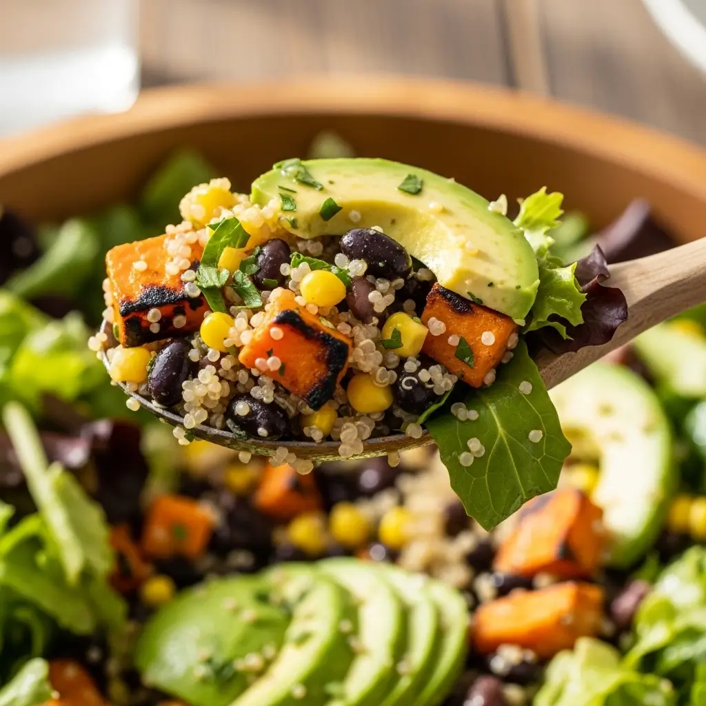 Close-up of a spoon serving fresh corn and black bean salad, showing texture