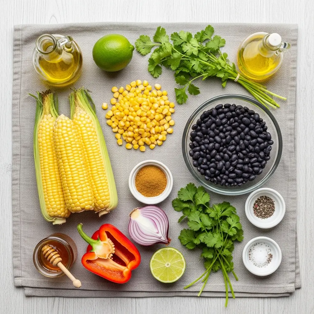 Fresh ingredients for corn and black bean salad: black beans, corn, lime, red pepper, cilantro, and spices on wood