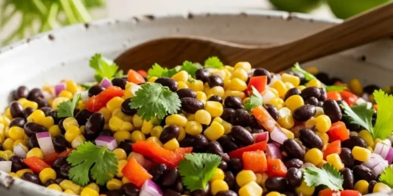 Colorful corn and black bean salad in a white bowl with fresh cilantro and lime wedge, ready to serve.