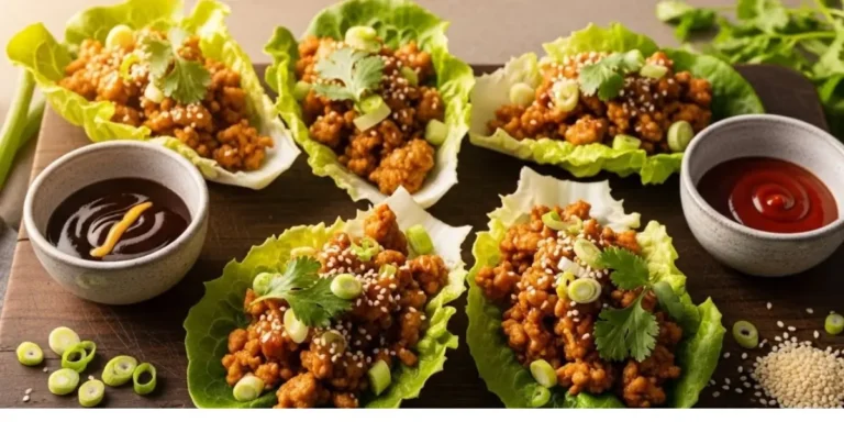 Delicious Asian ground chicken lettuce wraps served on a rustic wooden board, topped with fresh green onions, sesame seeds, and cilantro - easy ground chicken recipe ready in 30 minutes