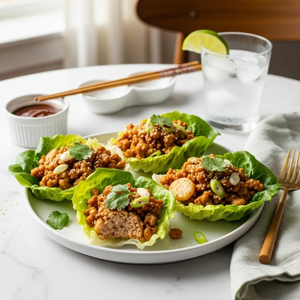 Single serving of healthy ground chicken lettuce wraps on white plate with three filled lettuce cups, hoisin dipping sauce, and chopsticks - perfect portion for one person