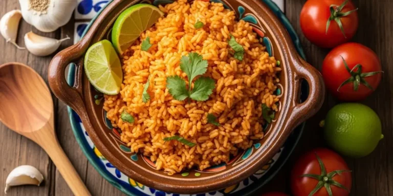 Fluffy, bright red-orange authentic Mexican rice recipe with cilantro and lime in a clay bowl on a rustic wooden table with fresh ingredients.