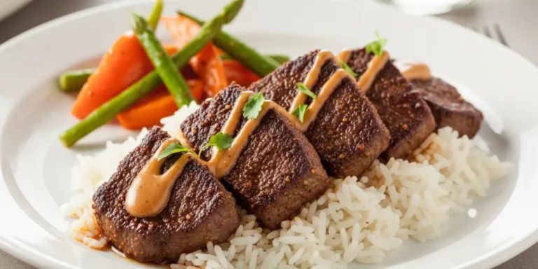 Cajun steak tips seasoned with bold spices served in a ceramic bowl on a wooden table