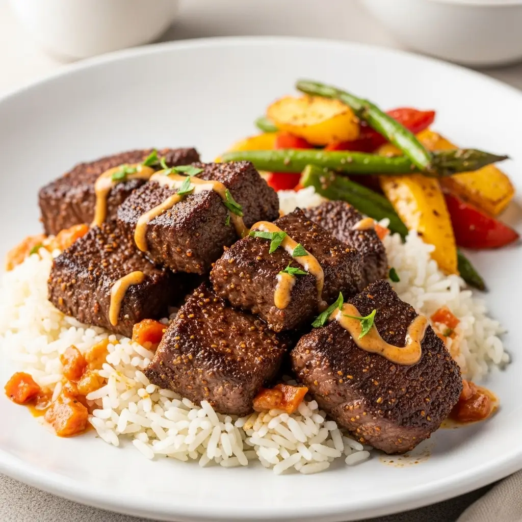 Cajun steak tips served over rice with roasted vegetables on a white plate