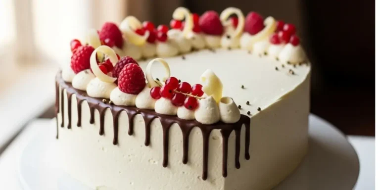 Cake heart cake decorated with buttercream frosting and chocolate drizzle