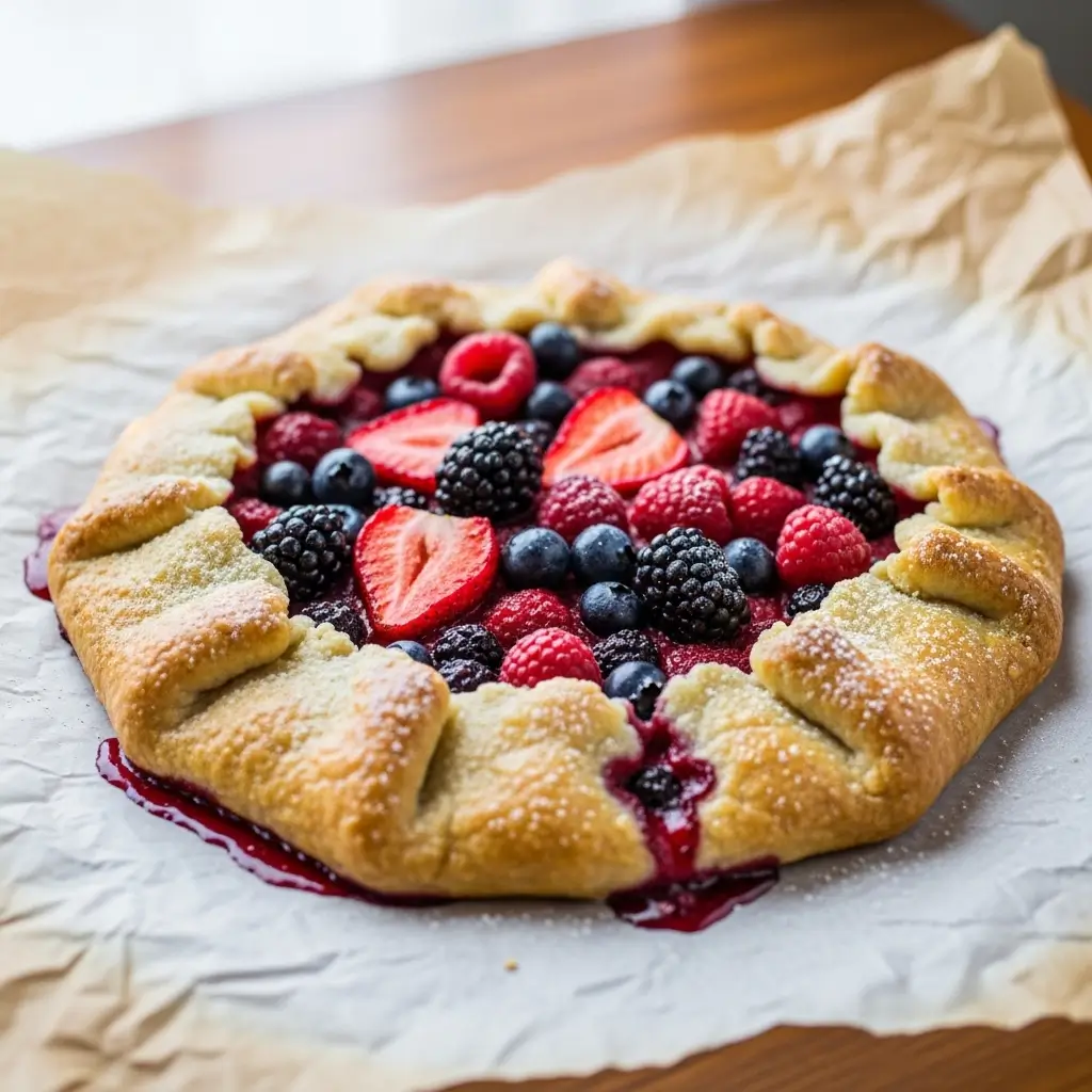 Sliced berry galette served with vanilla ice cream showing flaky crust and juicy berry filling