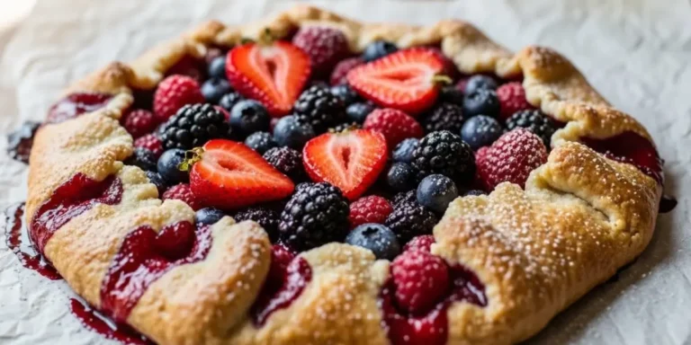 Rustic homemade berry galette with flaky golden crust and mixed berries baked on parchment paper