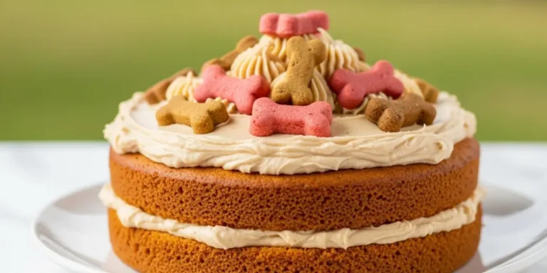Homemade DIY dog birthday cake decorated with dog-safe frosting and treats, with a happy dog nearby