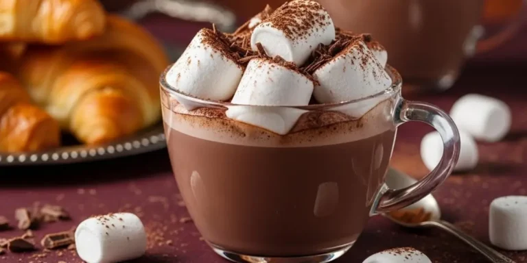 French hot chocolate topped with marshmallows and chocolate shavings in a glass mug with croissants in the background