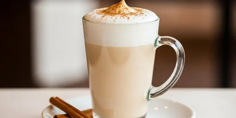 Chai tea latte in a ceramic mug with steam and cinnamon sticks on a wooden table