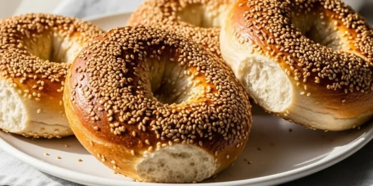 Three golden-brown homemade sesame seed bagel recipe with toasted sesame seeds on a white plate with coffee cup