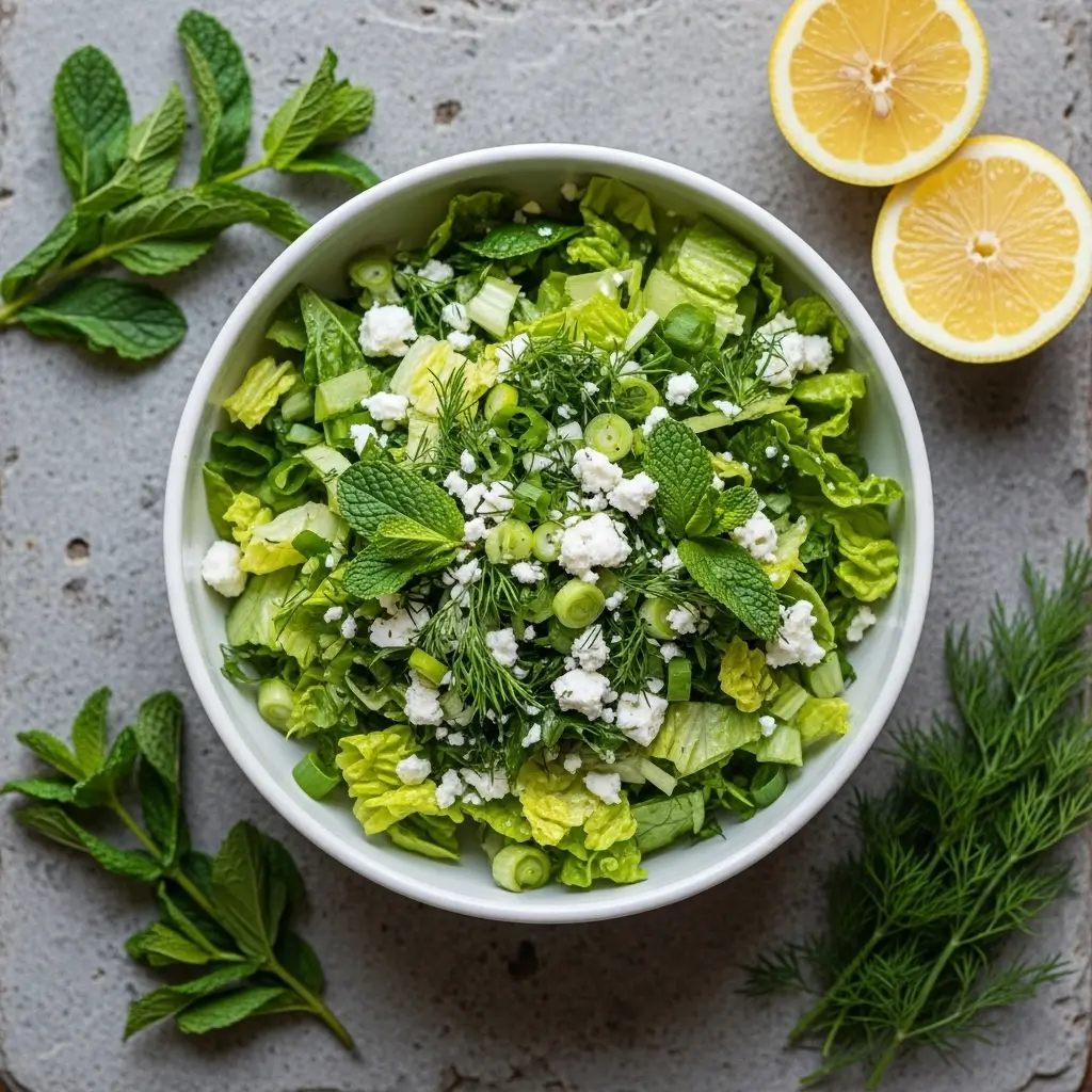 Maroulosalata Greek lettuce salad served on white plate alongside grilled fish and Mediterranean dishes