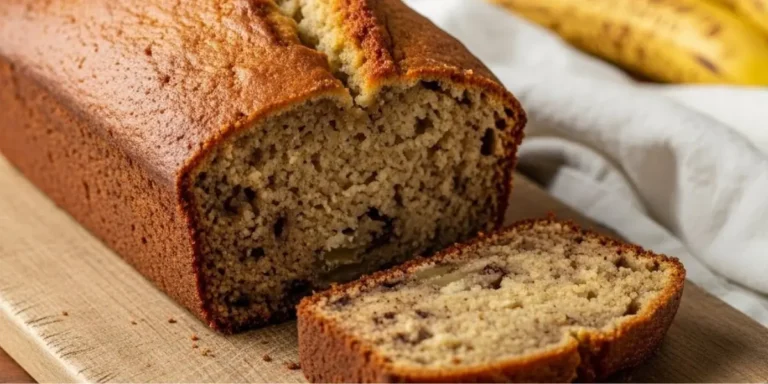 Moist banana bread recipe showing golden brown loaf with one slice cut revealing tender crumb and banana pieces on wooden cutting board