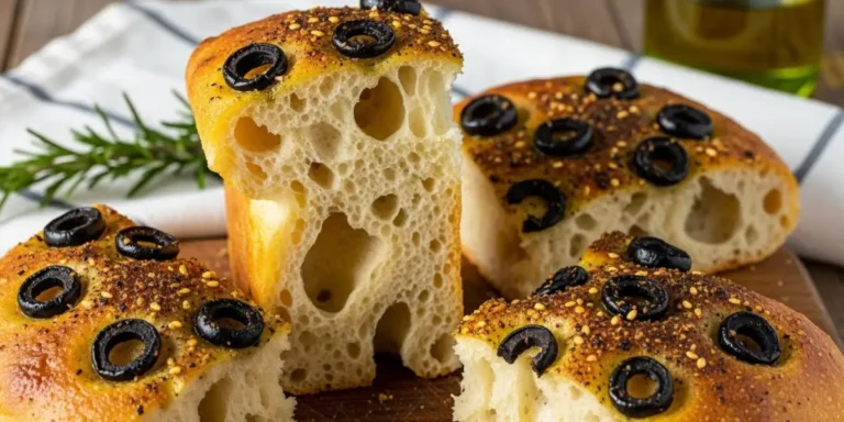 Olive focaccia bread with rosemary and olive oil, baked until golden and soft inside