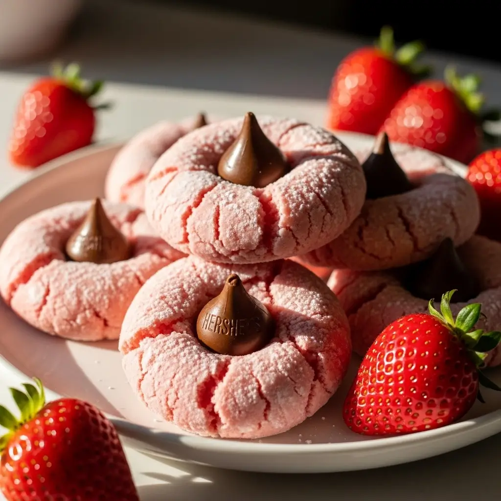 Freshly baked strawberry kiss cookies arranged on a cooling rack with one cookie broken open