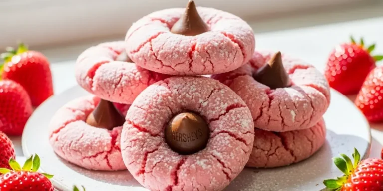 Strawberry kiss cookies topped with chocolate Hershey’s Kisses on a white plate with fresh strawberries