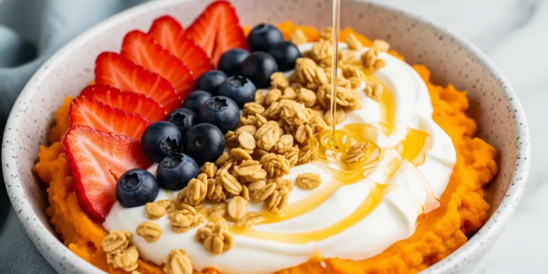 Sweet potato breakfast bowls topped with Greek yogurt, strawberries, blueberries, granola, and honey