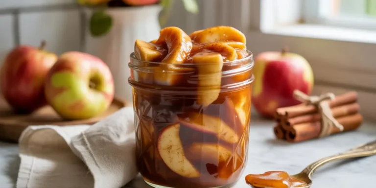 Homemade apple pie filling recipe with cinnamon in a pan, showing golden caramelized apple slices in thick syrup for apple pie filling recipe