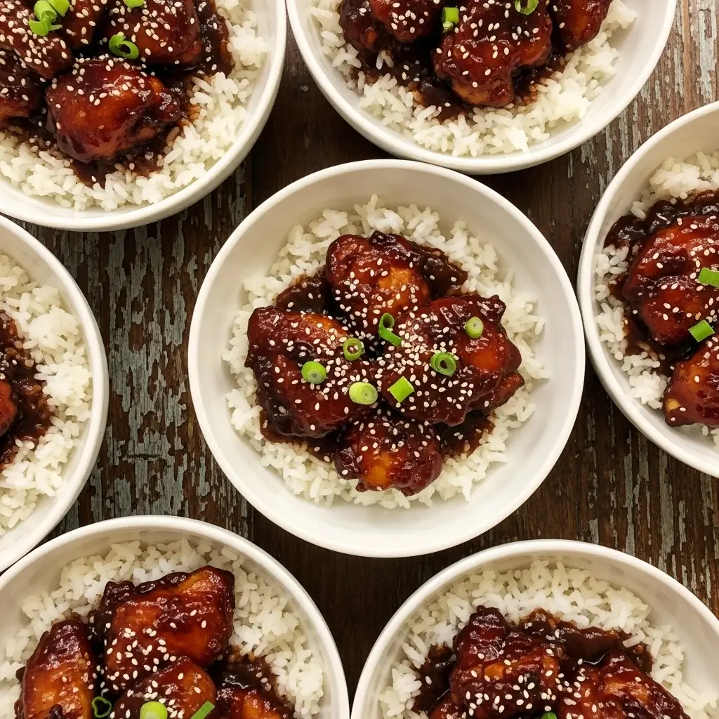 Four servings of bourbon chicken recipe with rice in bowls