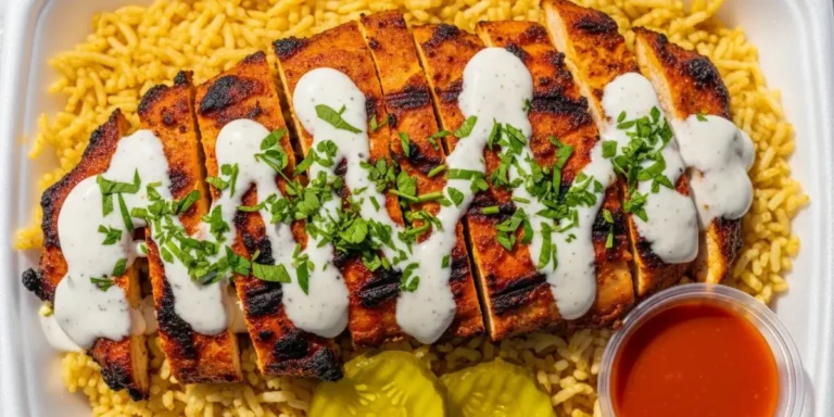 Chicken and rice halal cart style with juicy grilled chicken, golden basmati rice, white sauce, pickles, and hot sauce