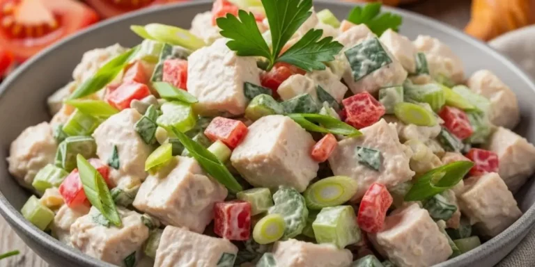 Creamy homemade chicken salad recipe served in white bowl with croissants and fresh lettuce on wooden board