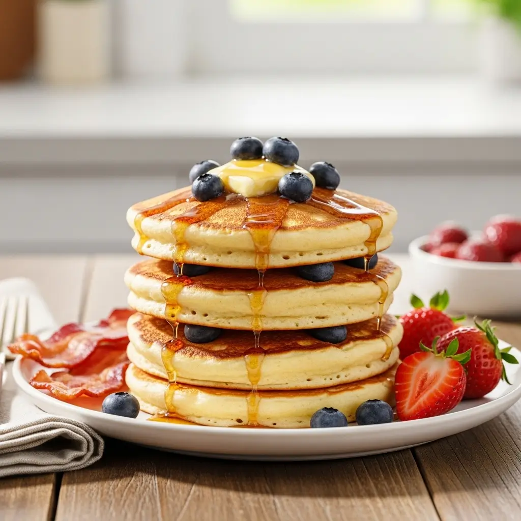 Fluffy pancakes servings guide infographic showing yields 12-14 pancakes, serves 4 people, 3-4 pancakes per person with icons and measurements