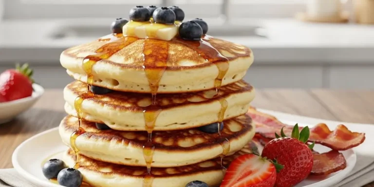 Tall stack of 10 golden-brown fluffy pancakes topped with melting butter, maple syrup drizzle, and served on a white plate with natural morning lighting