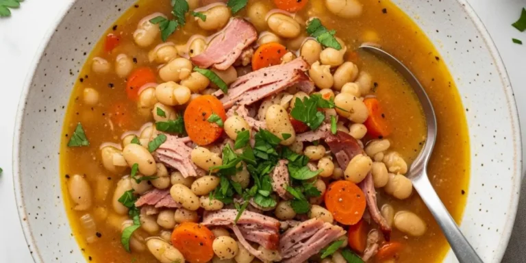 Hearty homemade ham and bean soup with white beans, smoky ham, carrots, and celery in a rustic bowl